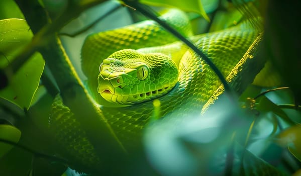 Close-up of an elegant lime green snake slithering through the branches of a tropical tree. AI generated.