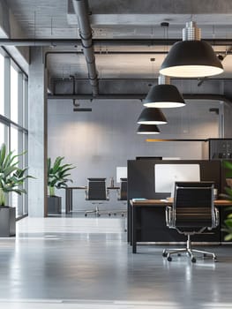 A modern office space undergoes a renovation, featuring new furniture, fresh paint, and updated lighting, creating a professional and stylish work environment.