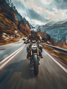 A man on a motorcycle races through a winding mountain road, with motion blur highlighting the speed of the journey.