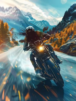 A dynamic shot of a motorcycle rider speeding through a winding mountain road, captured with motion blur to emphasize speed.