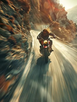 A man rides a motorcycle at high speed on a winding mountain road. His hair and clothes blow in the wind as he navigates the curves.