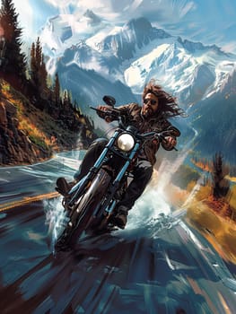 A man rides a motorcycle at high speed on a winding mountain road. Motion blur emphasizes speed, with scenic mountain and forest views in the background.