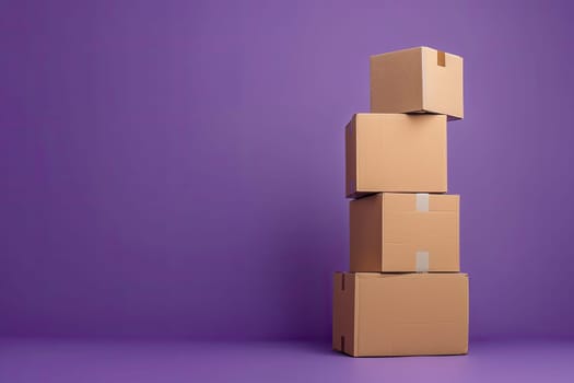 Stack of cardboard boxes on purple background with copy space. Moving and storage concept. For shipping, logistics, and packaging poster. Ai generation. High quality