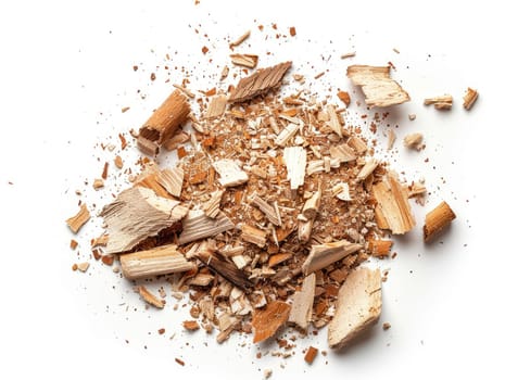 Close up of scattered wood chips and sawdust on white background. Woodworking and carpentry concept. For construction, DIY projects, and craft materials poster. Ai generation. High quality photo