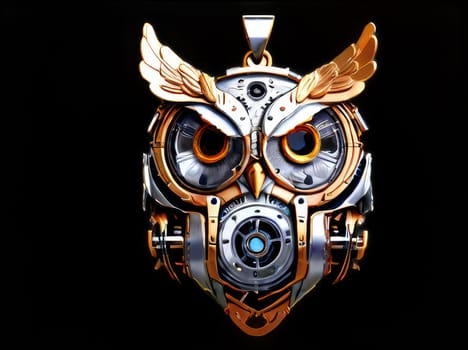 Steampunk cyborg owl pendant , 2D realistic illustration. Vintage metal bird. clipart isolated on transparent background .