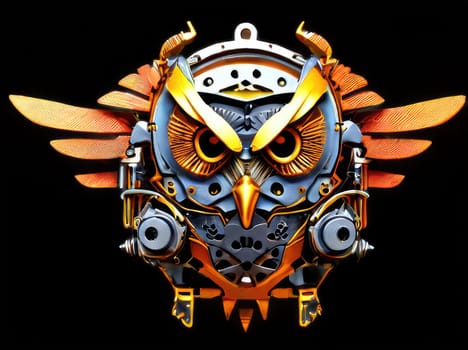 Steampunk cyborg owl pendant , 2D realistic illustration. Vintage metal bird. clipart isolated on transparent background .