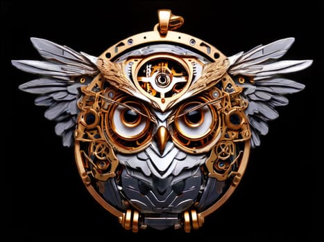 Steampunk cyborg owl pendant , 2D realistic illustration. Vintage metal bird. clipart isolated on transparent background .