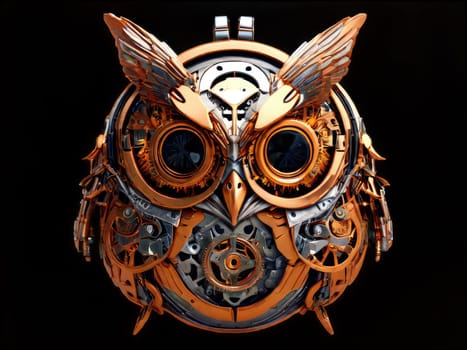 Steampunk cyborg owl pendant , 2D realistic illustration. Vintage metal bird. clipart isolated on transparent background .