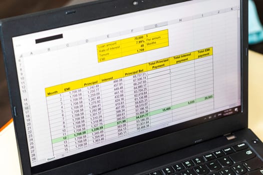 Shot of an excel sheet on computer screen showing bank loan amortization table.