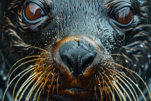 A close-up shot of a sea lions face in the rain. The animals wet fur and whiskers are visible in the image.