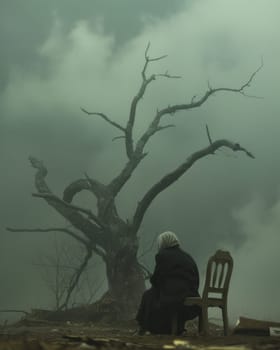 Solitude in nature person sitting on chair in front of bare tree in tranquil setting