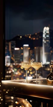 City lights martini night view with two glasses on table in urban setting at dark evening dinner scene for travel and lifestyle concept