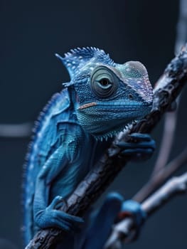 Blue lizard perched on branch in tropical jungle environment, wildlife discovery and adventure travel concept