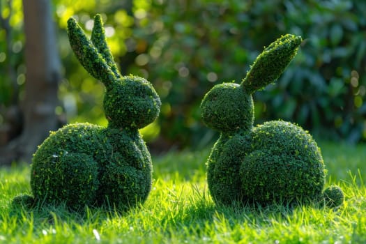 Topiary bunnies enjoying nature in a lush green garden with bushes and trees near fairy tale forest