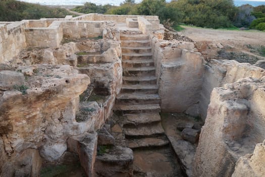 open air museum in Paphos, stone staircase to the necropolis premises.