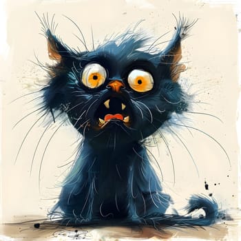 A cartoon drawing of a small to mediumsized black cat with big yellow eyes, whiskers, and a snout, painted in a stylized art font