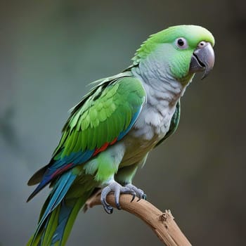 High quality photo. A big parrot is sitting on a branch. Green parrot on a gray background. Isolated close up