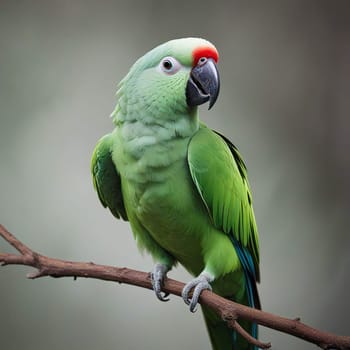 High quality photo. A big parrot is sitting on a branch. Green parrot on a gray background. Isolated close up