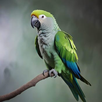 High quality photo. A big parrot is sitting on a branch. Green parrot on a gray background. Isolated close up