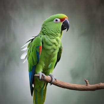 High quality photo. A big parrot is sitting on a branch. Green parrot on a gray background. Isolated close up