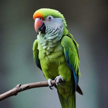 High quality photo. A big parrot is sitting on a branch. Green parrot on a gray background. Isolated close up