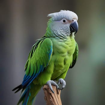 High quality photo. A big parrot is sitting on a branch. Green parrot on a gray background. Isolated close up