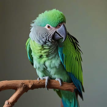 High quality photo. A big parrot is sitting on a branch. Green parrot on a gray background. Isolated close up