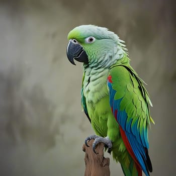 High quality photo. A big parrot is sitting on a branch. Green parrot on a gray background. Isolated close up