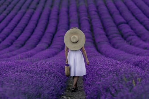 A woman wearing a straw hat walks through a field of purple flowers. The scene is serene and peaceful, with the woman's hat casting a shadow on the ground. The purple flowers are arranged in neat rows