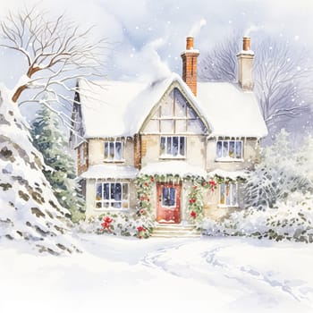 Watercolour printable winter countryside art print, English country cottage and snow, Christmas holiday, thank you and Happy Holidays diy greeting card design