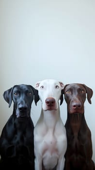 Three dogs, one black and one white and one brown, sit side by side with attentive expressions, showcasing their striking coat colors and elegant features - Generative AI