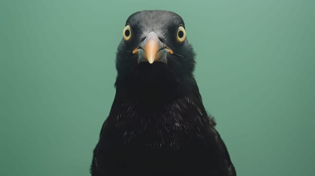 A detailed close-up showcases a pigeons head, with a focus on its striking yellow eyes and gray feathers - Generative AI