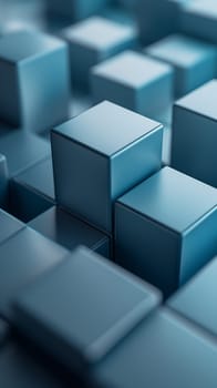 A close-up view of an array of metallic blue cubes with a shallow depth of field, creating a geometric pattern.