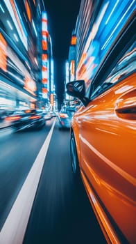 A car speeds through a bustling city street lined with vibrant neon signs, capturing the pulsating energy of urban nightlife - Generative AI