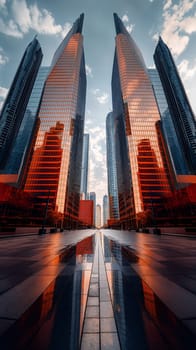 The setting sun casts a fiery glow on towering skyscrapers, with a striking reflection on the glossy city walkway - Generative AI