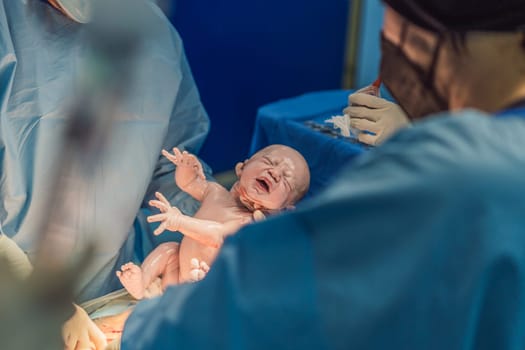 A baby is delivered during a caesarean section. The surgical procedure is conducted in a sterile operating room with a skilled medical team, ensuring the safety and health of both mother and baby.