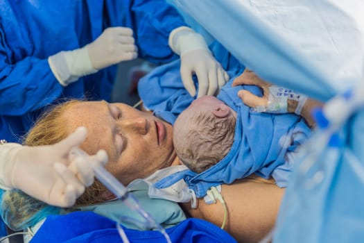 Baby on mother's chest immediately after birth in a hospital. The mother and newborn share a tender moment, emphasizing the bond and emotional connection. The medical staff ensures a safe and caring environment.