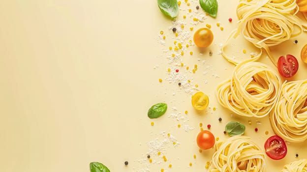 Pasta recipe preparation flatlay background with ingredients, spaghetti, olive oil, garlic, tomatoes and spices in the kitchen, homemade food recipe idea