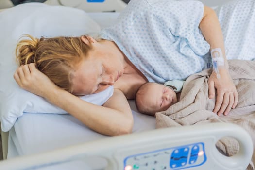 A baby lies with the mother after childbirth, resting peacefully. The serene moment captures the bond between mother and child as they begin their journey together. The hospital environment ensures a safe and comforting space for this intimate interaction.