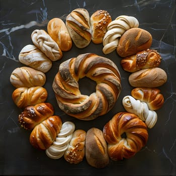 A variety of baked goods, including bread, pastries, and desserts, are arranged in a spiral formation to showcase different types of cuisine and ingredients from terrestrial animals and produce