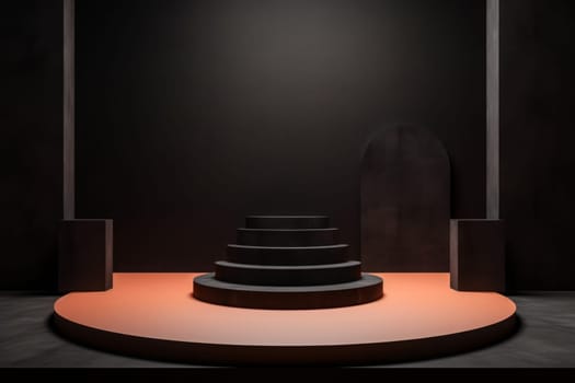 Scene with minimal dark podiums or platforms or five stairs. Cylinder shape. Black and brown color. Light effect. Generated AI.