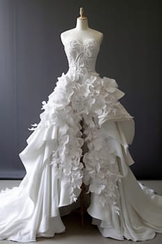 Modern white wedding dress on mannequin. Generative AI.