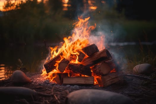 Close up shot of burning firewood in the fireplace near stones. Generative AI.