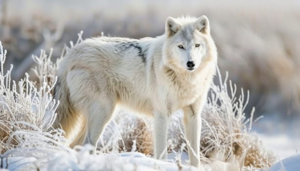 Amazing image of a white wolf roaming through a frozen winter forest