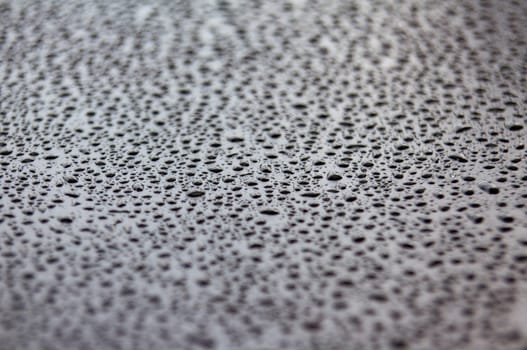 Close up of rain water droplets on black cover background.