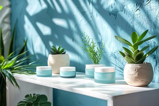 Cosmetic Composition. Beautiful blue pastel color cosmetic skincare makeup containers standing on white table. On the wall reflects the sunlight and shadows. Women make up concept. Copy space.