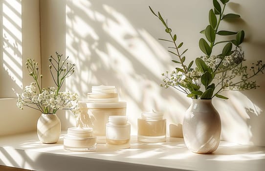 Cosmetic Composition. Beautiful ivory color cosmetic skincare makeup containers standing on white table. On the wall reflects the sunlight and shadows. Women make up concept. Copy space.