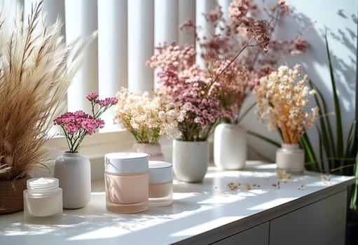 Cosmetic Composition. Beautiful cosmetic skincare makeup containers standing on white table. On the wall reflects the sunlight and shadows. Women make up concept. Copy space.