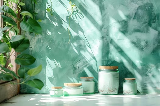 Cosmetic Composition. Beautiful green pastel cosmetic skincare makeup containers standing on white table. On the wall reflects the sunlight and shadows. Women make up concept. Copy space.