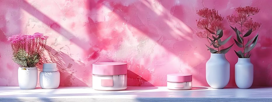 Cosmetic Composition. Beautiful pinkcolor cosmetic skincare makeup containers standing on white table. On the wall reflects the sunlight and shadows. Women make up concept. Copy space.